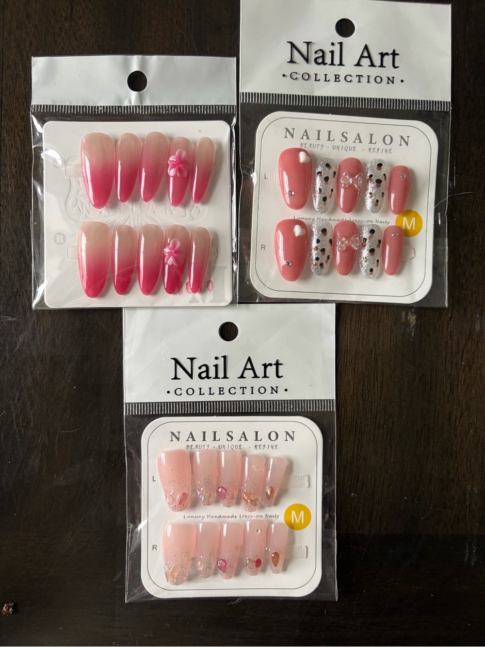 Assorted Press-On Nail Sets- Designer—Medium Sized w/nail glue and emory boards